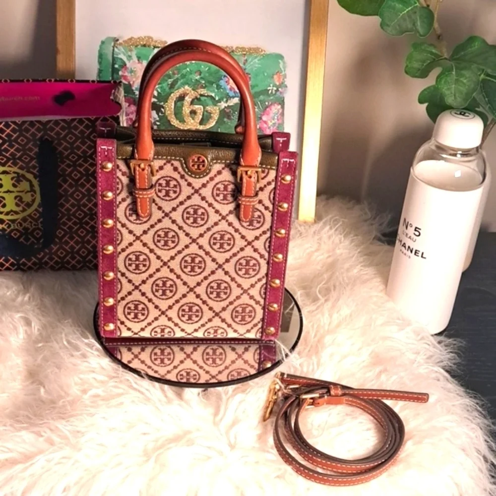 Tory Burch NWOTs Mini T Monogram Jacquard Studded North-South Tote Bag